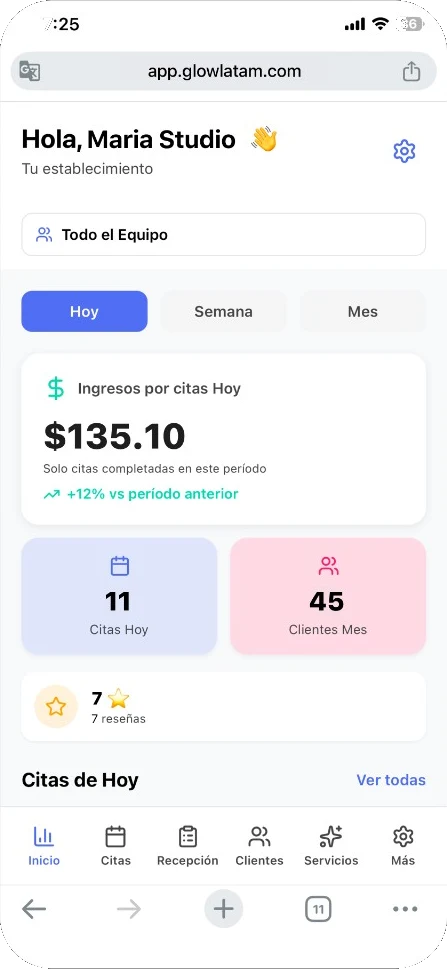 App profesional de Glow con ingresos y citas