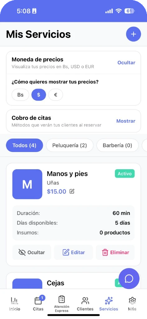Pantalla Mis Servicios de Glow para registrar un servicio